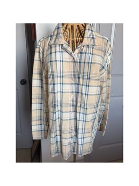 Women's Basic Editions Plaid Button Down Shirt M Beige Blue